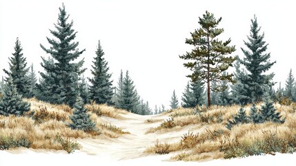 Fototapeta premium Peaceful Winter Landscape with Pine Trees and Soft Brush, Scenic Nature Illustration