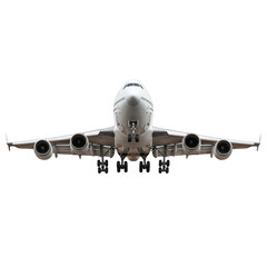Front view of a commercial airplane with outstretched wings