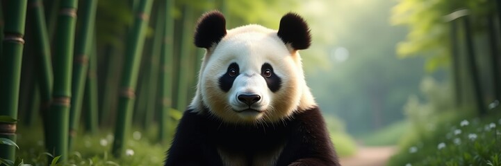 Fototapeta premium A Gentle Giant Panda Stares Thoughtfully Amidst a Lush Bamboo Forest Path With Soft Focus White Flowers at the Base of Green Bamboo Stalks