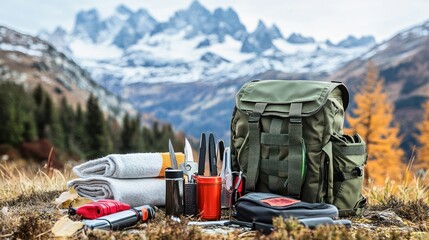 Hiking backpack with survival gear in mountains.