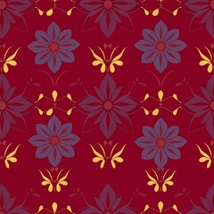 Purple Flower and Butterfly Pattern on Red Background: A captivating seamless pattern featuring delicate purple flowers and intricate yellow butterflies against a rich red backdrop.