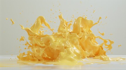 A burst of yellow paint splashing in multiple directions, isolated on a white surface.