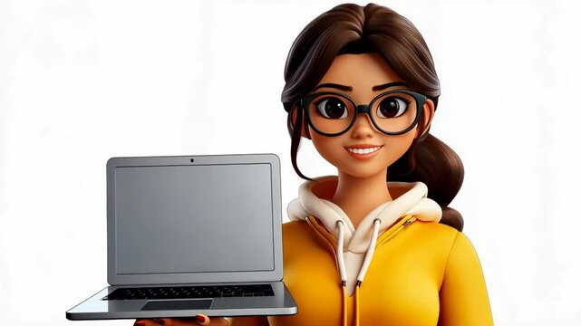 3D icon avatar Cartoon cute freelancer woman working online learning on laptop with transparent png background