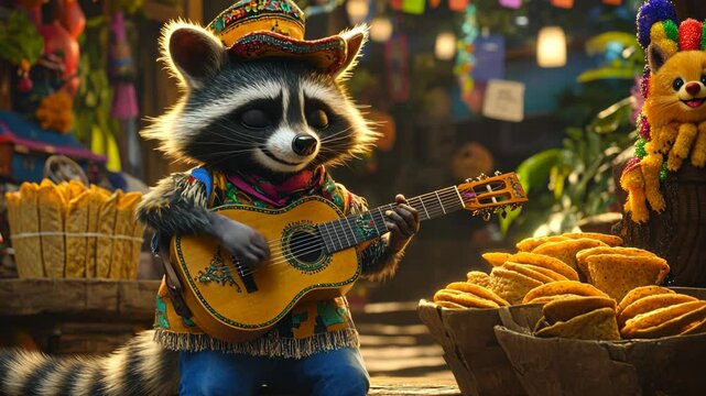 A raccoon dressed as a mariachi, playing a guitar with pic