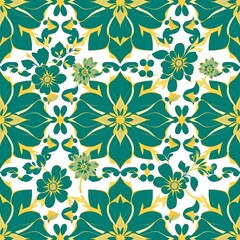 Emerald Elegance: A seamless pattern of teal and gold floral damask. Luxurious and sophisticated, perfect for textile design, wallpaper, or surface patterns. 