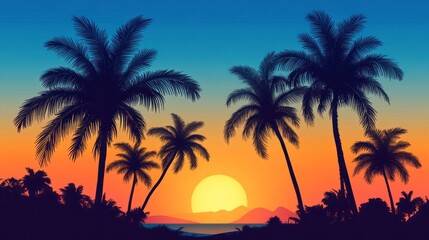 Vibrant sunset silhouette of palm trees on a tropical beach.