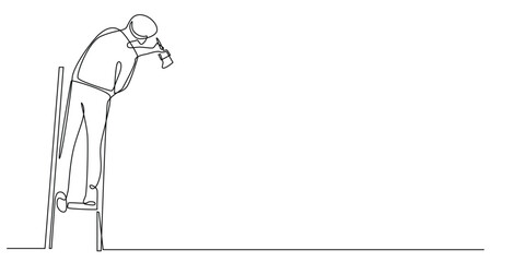 continuous line drawing of a man climbing a ladder and holding a paint brush.one line drawing of a man's hand painting a wall.single line vector illustration.isolated white background © vionaembun42