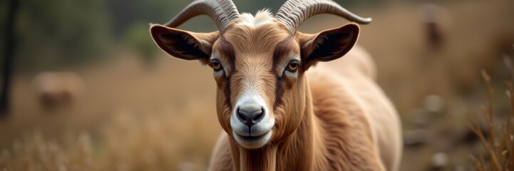 A majestic goat portrait capturing its captivating gaze and impressive horns in a natural field setting with blurred background emphasizing the animal's presence