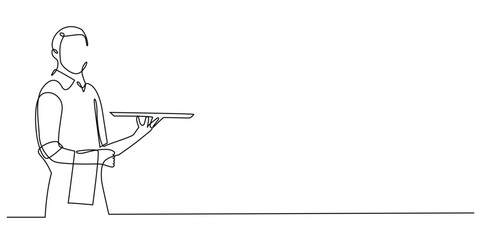 continuous line drawing of professional waiter.one line drawing of waiter man with suit and empty tray.single line vector illustration.isolated white background