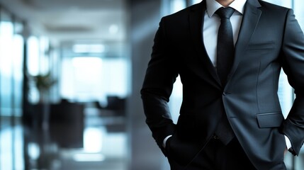 Confident Businessman in Sharp Suit, Modern Office Background