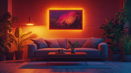 NeonLit Living Room with Tropical Plants and Modern Sofa. Generative Ai.