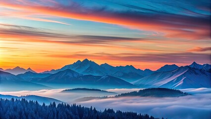 Obraz premium Serene Sunrise Over Misty Mountain Range and Evergreen Forest