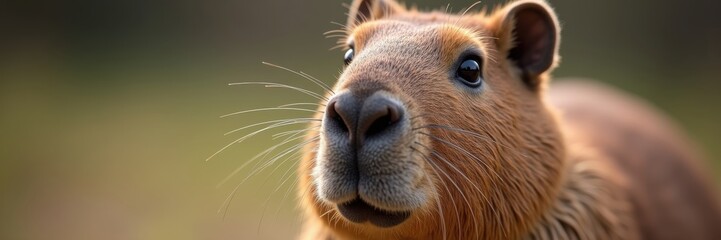 Fototapeta premium Closeup portrait of a charming capybara its whiskered face and inquisitive dark eyes the warm brown fur illuminated in soft natural light