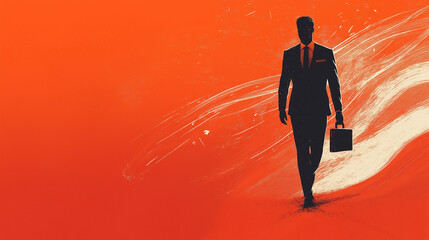 Ambitious Businessman Walking Forward, Orange Background, Suit, Briefcase. Generative Ai.