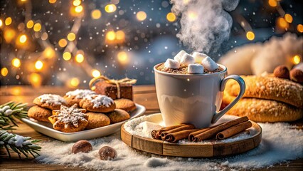 Cozy winter drinks: hot cocoa, marshmallow-topped coffee, and spiced cookies.