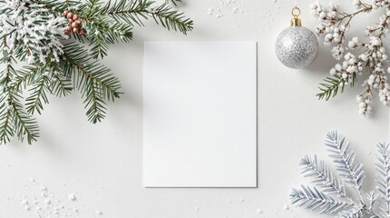 Blank Christmas card mockup with fir branches, silver ornament, and snowflakes. Perfect for holiday greeting cards, invitations, or winter stationery design