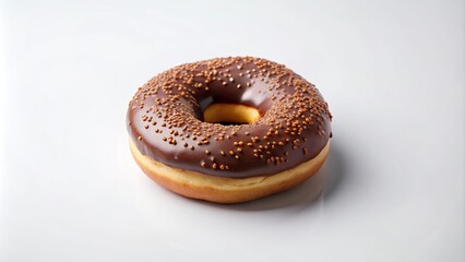 A single chocolate iced donut with sprinkles, photographed on a white background, showcasing its delicious texture and tempting glaze