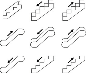 Stairs realistic icon set. Architectural object staircase up steps black line vector collection isolated on transparent background. Modern templates interior staircase architecture direction.