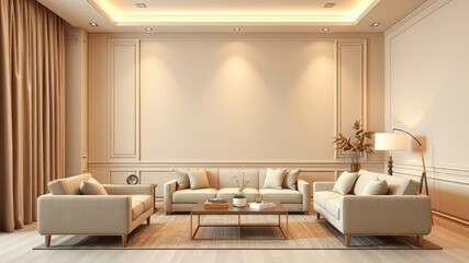 Beige Living Room Mockup - Empty Wall - 3D Rendering - Bright Interior Design