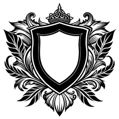 Ornate Black and White Shield with Crown and Leaves.