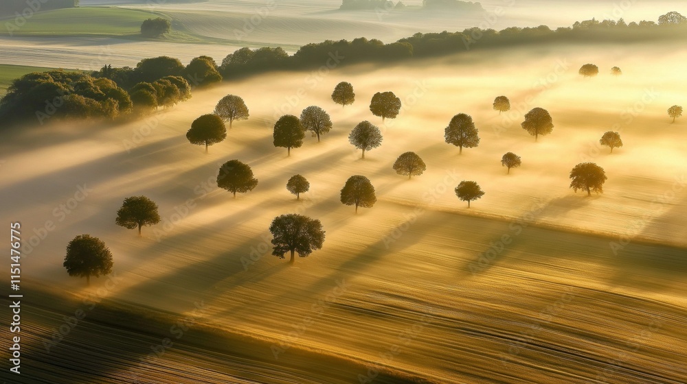 Poster golden rays illuminate the tranquil fields of pincourt, normandy, during a misty morning. rows of tr