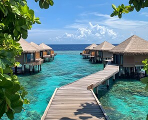 Fototapeta premium The Maldives with blue waters, wooden walkways to overwater bungalows, green leaves, vibrant colors, and a beautiful sky