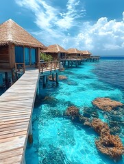 Fototapeta premium The Maldives with blue waters, wooden walkways to overwater bungalows, green leaves, vibrant colors, and a beautiful sky