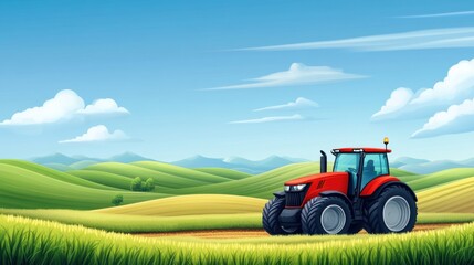Fototapeta premium Bright Red Tractor in Lush Green Agricultural Landscape Under Clear Blue Sky with Soft White Clouds