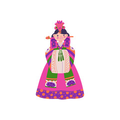 Korean or Japanese lucky girl in traditional festive costume, vector Asian woman with decorations on head and hands