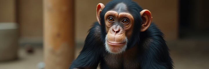 A Portrait of a Young Chimpanzee with Expressive Eyes and a Hint of a Smile captured in a Softly Lit Enclosure
