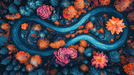 Aerial View Of A Winding Road Through Vibrant Autumn Forest