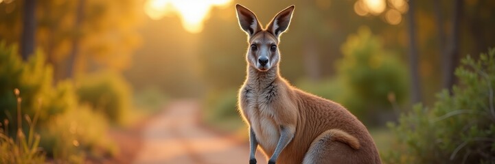 A young kangaroo stands at dawn on a forest path bathed in the golden light of the rising sun observing its quiet surroundings