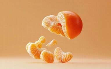 A whole tangerine hovering mid-air with segments spilling out, set against a soft orange background