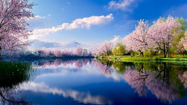 A tranquil lake reflecting the budding trees and spring pic