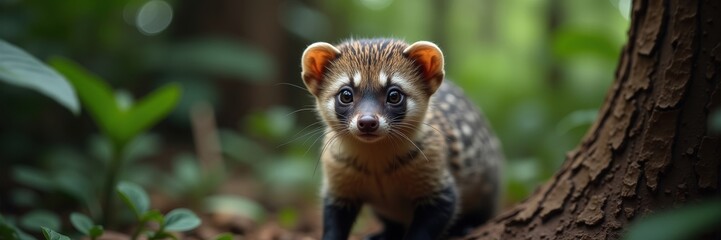 Fototapeta premium The Fossa-like creature with adorable eyes gazes curiously from its rainforest perch showing its intricate markings and whisker-twitching charm