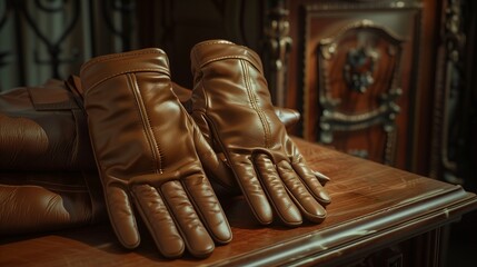 Naklejka premium A chic podium displaying a designer pair of gloves, with focused lighting casting soft shadows that bring out the fine stitching and leather texture.