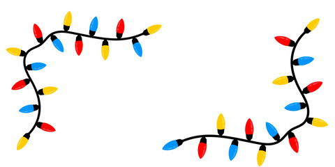 Christmas light bulbs corner decoration with red yellow blue colour. Xmas light wavy strings with various colour flat cartoon style editable in vector. xmas various colour lamp. xmas bulb in various