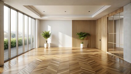 Obraz premium Bright, airy minimalist living space with hardwood floors and large windows showcasing a tranquil outdoor view