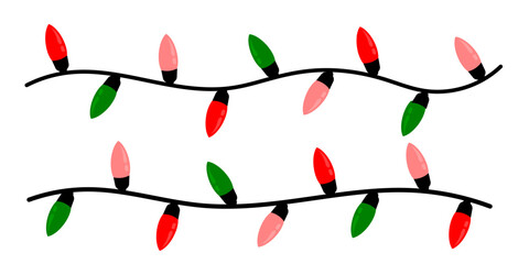 Christmas light bulbs horizontal decoration with red green soft pink colour. Xmas light wavy strings with various colour flat cartoon style editable in vector. xmas various colour lamp. xmas bulb