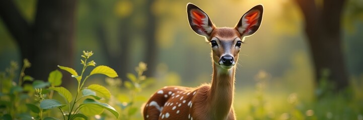 Fototapeta premium A young fawn stands alert in a sunlit forest its delicate spots and large ears capturing the golden hour's soft glow a portrait of innocence and natural beauty in the woods