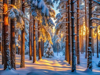 Fototapeta premium Frozen Scandinavian beauty: picture-perfect snow-covered trees in Sweden's winter forest.