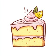 Delicious Lemon Cake Slice with Whipped Cream and Decorative Lemon Wedge on White Background