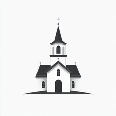 Simple church illustration, steeple, cross, white, black.