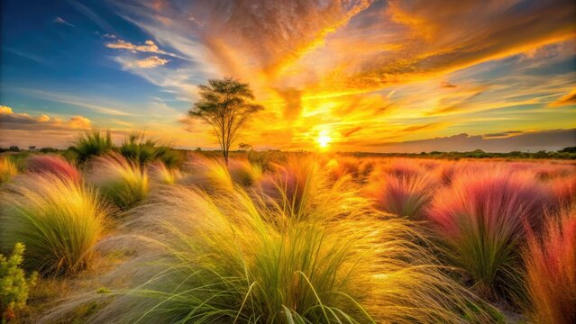 Golden hour magic at Perico Preserve.  Muhly grass waves bathed in sunset's fiery hues, a Florida photography dream.
