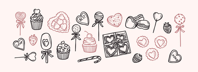 Hand drawn Valentine's day sweets collection. Whimsical illustration