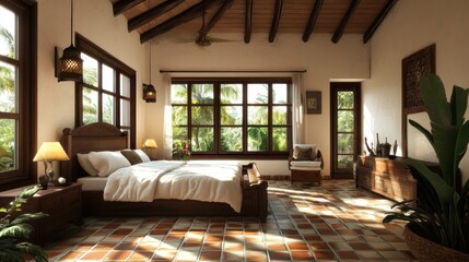 Serene Tropical Bedroom: Sunlit Haven of Tranquility