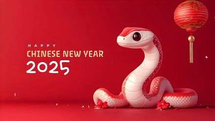 Fototapeta premium Happy Chinese New Year 2025 with Adorable White Snake Zodiac on Red Background