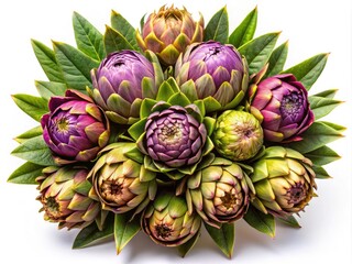 Obraz premium Isolated on white, a 3D-rendered panoramic macro shot reveals a stunning, top-down view of an artichoke flower bouquet.