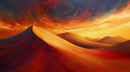 Fiery Sunset over Rolling Sand Dunes: A Desert Landscape Painting
