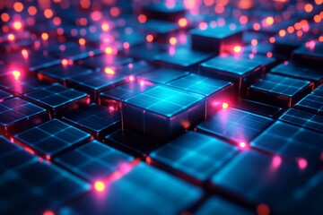Obraz premium Neon-glowing grids forming futuristic geometric holographic patterns. Generative AI